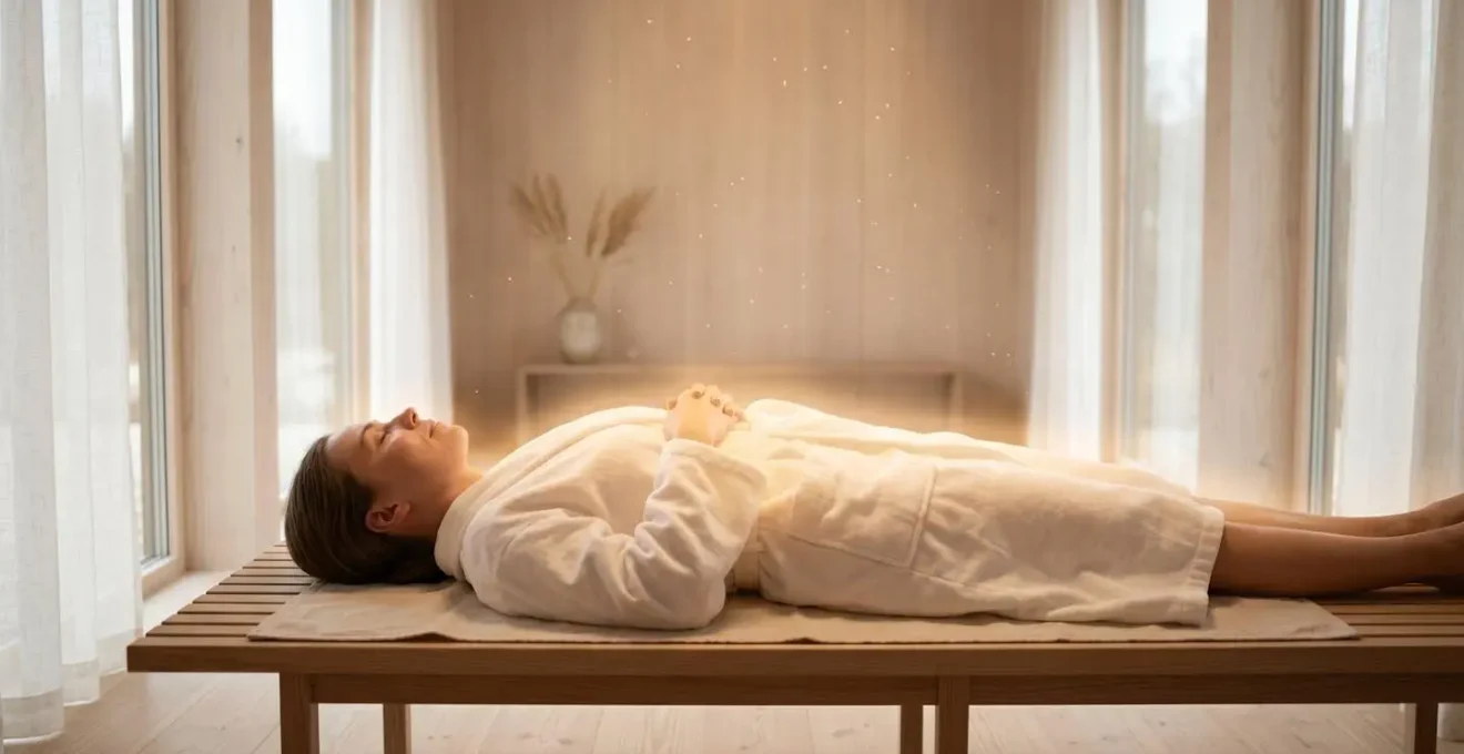 Femme allongée dans une lumière dorée apaisante, symbolisant l'activation métabolique sans effort.