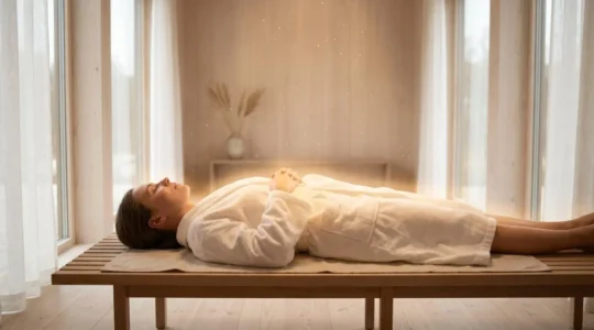 Femme allongée dans une lumière dorée apaisante, symbolisant l'activation métabolique sans effort.